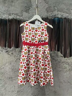 Moschino White Dress with Red Hearts & Teddy Print